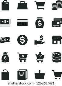 Solid Black Vector Icon Set - paper bag vector, bank card, put in cart, crossed, with handles, cards, coins, kiosk, shopping basket, column of, dollar, get a wage, money, dollars, cash, hand