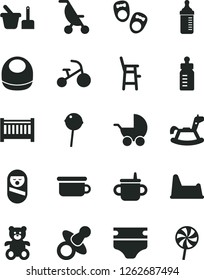 Solid Black Vector Icon Set - baby cot vector, dummy, mug for feeding, bottle, measuring, diaper, bib, stroller, summer, roly poly doll, toy sand set, children's potty, chair, a child, teddy bear