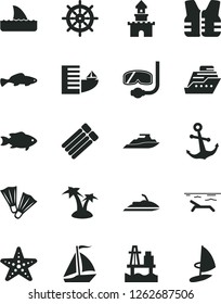 Solid Black Vector Icon Set - anchor vector, small fish, sea port, sand castle, sail boat, hotel, beach, palm tree, starfish, flippers, diving mask, handwheel, life vest, jet ski, cruiser, shark fin