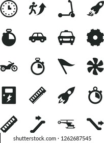 Solid Black Vector Icon Set - truck lorry vector, stopwatch, wind direction indicator, motor vehicle, child Kick scooter, dangers, timer, car, marine propeller, rocket, space, wall watch, memory