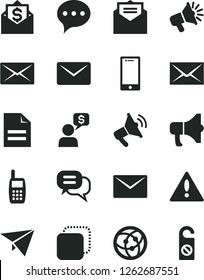 Solid Black Vector Icon Set - warning vector, envelope, scribbled paper, received letter, speech, smartphone, megaphone, copy, loudspeaker, mobile phone, network, mail, dialog, plane, money Solid Black Vector Icon Set - warning vector, envelope, scribbled paper, received letter, speech, smartphone, megaphone, copy, loudspeaker, mobile phone, network, mail, dialog, plane, money