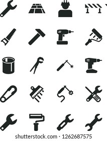 Solid Black Vector Icon Set - paint roller vector, repair key, safety pin, small tools, adjustable wrench, cordless drill, hand saw, spatula, paving slab, road fence, hammer, builder, pipes, welding