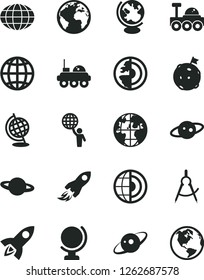 Solid Black Vector Icon Set - sign of the planet vector, globe, earth, scribed compasses, space rocket, core, saturn, lunar rover, man hold world, flag on moon