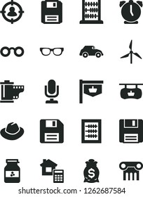 Solid Black Vector Icon Set - desktop microphone vector, floppy disk, hat, camera roll, new abacus, estimate, alarm clock, jar of jam, windmill, retro car, vintage sign, man in sight, glasses
