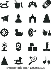 Solid Black Vector Icon Set - paper airplane vector, rubber duck, stacking rings, toy, roly poly doll, tumbler, sand set, children's, rocking horse, small, cubes for children, box of bricks, cup