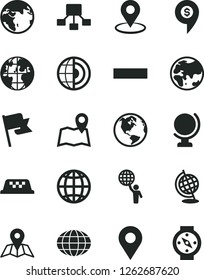 Solid Black Vector Icon Set - minus vector, map, globe, earth, flag, planet, location, geolocation, hierarchical scheme, core, man hold world, dollar pin, taxi, compass