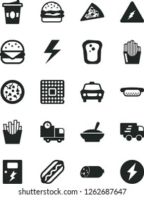 Solid Black Vector Icon Set - lightning vector, dangers, car, delivery, sausage, pizza, piece of, Hot Dog, mini, big burger, a bowl buckwheat porridge, French fries, fried potato slices, coffe to go