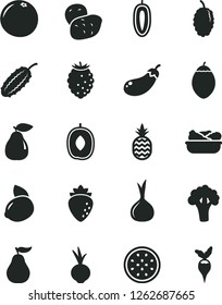 Solid Black Vector Icon Set - lettuce in a plate vector, beet, pineapple, pear, raspberry, tasty, mulberry, delicious plum, sweet date fruit, yellow lemon, half of passion, tamarillo, grapefruit