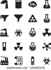 Solid Black Vector Icon Set - round flask vector, manufacture, factory, barrel, industrial building, radiation, carbon dyoxide, filter, water, research article, test tube, molecule, nuclear