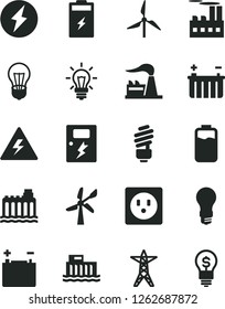 Solid Black Vector Icon Set - danger of electricity vector, saving light bulb, dangers, charge level, charging battery, windmill, wind energy, factory, accumulator, hydroelectric station, power line