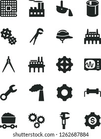 Solid Black Vector Icon Set - cogwheel vector, adjustable wrench, helmet, manufacture, industrial building, factory, enterprise, gear, gears, processor, pipes, caliper, steel production, three