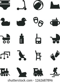 Solid Black Vector Icon Set - toys over the cot vector, mug for feeding, bottle, diaper, car child seat, baby stroller, carriage, summer, rubber duck, duckling, bath ball, toy phone, potty chair, a
