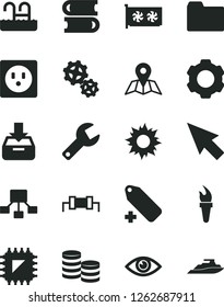 Solid Black Vector Icon Set - repair key vector, folder, add label, books, eye, map, put in a box, socket, gears, smd, coins, hierarchical scheme, gpu card, settings, cursor, resistor, flame torch