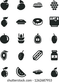 Solid Black Vector Icon Set - Hot Dog vector, onion, slices of, cake with a hole, pie, glass tea, jar jam, orange slice, mint, large grape, quince, red apple, blueberry, mulberry, tasty, half mango