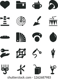 Solid Black Vector Icon Set - heart symbol vector, folder bookmark, mug for feeding, packing of juice with a straw, drumroll, winch hook, building trowel, color samples, loaf, porcini, lime, radar