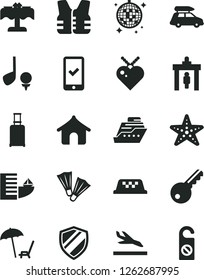 Solid Black Vector Icon Set - car baggage vector, taxi, security gate, rolling suitcase, phone registration, arrival, hotel, boungalow, arnchair under umbrella, disco ball, restaurant, starfish, key