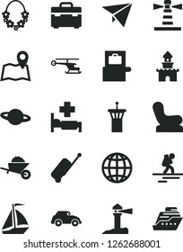 Solid Black Vector Icon Set - Baby chair vector, garden trolley, suitcase, earth, planet, retro car, lighthouse, coastal, paper plane, sand castle, helicopter, sail boat, backpacker, airport tower