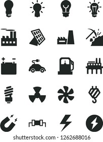 Solid Black Vector Icon Set - lightning vector, hook, saving light bulb, marine propeller, coal mining, gas station, accumulator, industrial building, thermal power plant, enterprise, radiation