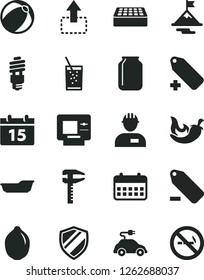 Solid Black Vector Icon Set - add label vector, remove, baby bath ball, workman, brick, calendar, move up, chili, a glass of soda, lime, energy saving bulb, electric car, calipers, jar, motivation