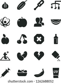 Solid Black Vector Icon Set - mark of injury vector, women, toys over the cradle, measuring bottle for feeding, baby powder, electronic thermometer e, temperature, broken heart, lettuce in a plate