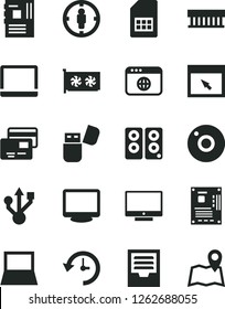 Solid Black Vector Icon Set - camera vector, archive, screen, cards, SIM card, goal woman, notebook pc, radiator fan, motherboard, gpu, monitor, usb, flash, speaker, browser, history, map