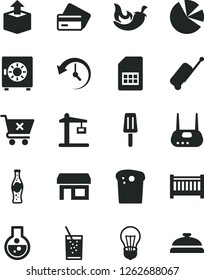 Solid Black Vector Icon Set - baby cot vector, strongbox, crossed cart, unpacking, Easter cake, chili, a glass of soda, bottle, popsicle, bulb, Construction crane, SIM card, stall, pie charts, flask