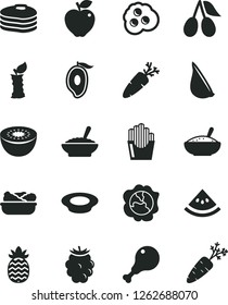 Solid Black Vector Icon Set - a bowl of buckwheat porridge vector, rice, lettuce in plate, milk, chicken leg, garlic, carrot, fried potato slices, omelette, pancakes, squash, red apple, cornels