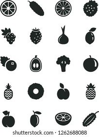 Solid Black Vector Icon Set - cucumber vector, blueberries, strawberries, a pineapple, apple, peach, grape, tasty raspberry, tangerine, half loquat, lemon, juicy, sour lime, of orange, slice, onion