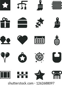 Solid Black Vector Icon Set - toys over the cradle vector, bib, colored air balloons, window frame, plastic brush, wooden paint, ceramic tiles, star, heart, gift, piece of cake, a pineapple, trees
