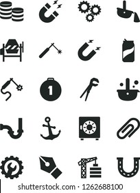Solid Black Vector Icon Set - clip vector, tower crane, concrete mixer, adjustable wrench, sewerage, gear, anchor, strongbox, soda can, magnet, welding, gas, metallurgy, steel production, coins