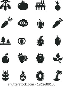 Solid Black Vector Icon Set - tomato vector, beet, carrot, a pineapple, mint, branch of grape, blackberry, mulberry, goji berry, delicious plum, guava, half guawa, ripe pepper, leaves, forest