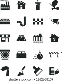 Solid Black Vector Icon Set - house vector, wicker pot, big core, building trolley, trowel, concrete mixer, siphon, ceramic tiles, brick, block, putty knife, paving slab, road fence, kiosk, mortgage