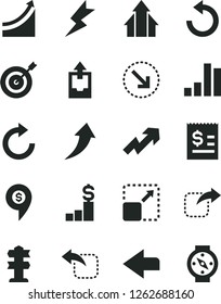 Solid Black Vector Icon Set - left direction vector, growth up, clockwise, counterclockwise, upload archive data, lightning, expand picture, move right, bottom arrow, bar chart, graph, arrows, pin