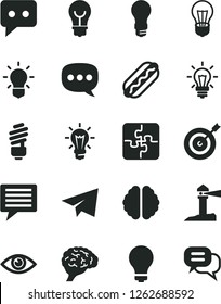 Solid Black Vector Icon Set - image of thought vector, matte light bulb, paper airplane, Puzzles, saving, eye, Hot Dog, coastal lighthouse, think, speech, brain, target, dialog