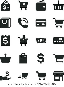 Solid Black Vector Icon Set - grocery basket vector, cart, put in, crossed, bag with handles, shopping, reverse side of a bank card, front the, denomination dollar, financial item, get wage, wallet