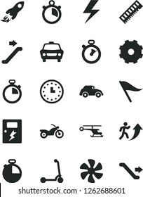 Solid Black Vector Icon Set - truck lorry vector, lightning, stopwatch, wind direction indicator, child Kick scooter, dangers, timer, car, marine propeller, retro, space rocket, wall watch, memory
