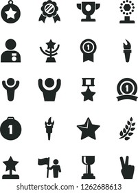 Solid Black Vector Icon Set - star vector, flame torch, winner, laurel branch, prize, cup, gold, reward, man with medal, hold flag, first place, pennant, ribbon, hero, hands up, victory hand