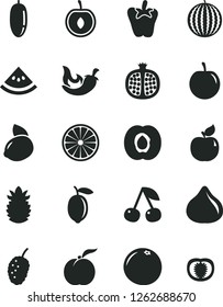 Solid Black Vector Icon Set - chili vector, peper, cherry, ripe peach, half apricot, pomegranate, fig, tasty mulberry, water melon, date fruit, plum, lemon, yellow, of orange, pineapple, grapefruit