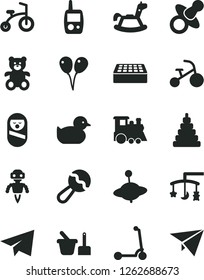 Solid Black Vector Icon Set - paper airplane vector, toys over the cradle, dummy, beanbag, baby duckling, stacking toy, roly poly doll, mobile phone, sand set, teddy bear, children's train, yule