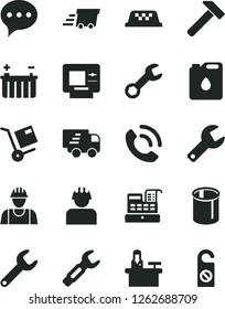 Solid Black Vector Icon Set - repair key vector, builder, hammer, speech, phone call, shipment, battery, canister of oil, pipes, steel, urgent cargo, Express delivery, cash machine, taxi, atm