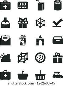 Solid Black Vector Icon Set - grocery basket vector, first aid kit, medical bag, packing of juice with a straw, box bricks, received letter, put in, drawer, gift, tin, pizza, cup popcorn, conveyor