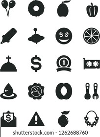 Solid Black Vector Icon Set - warning vector, plastic fork spoons, yule, colored air balloons, squash, quince, loquat, half peach, slice of lemon, pineapple, Bell pepper, drop oil, text highlighter