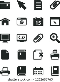 Solid Black Vector Icon Set - monitor window vector, clip, zoom, folder bookmark, book, e, home, calendar, delete page, printer, browser, coding, cursor, file