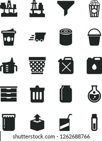 Solid Black Vector Icon Set - wicker pot vector, storage unit, measuring cup for feeding, e, bucket, dust bin, unpacking, tin, of popcorn, coffe to go, jam, sea port, commercial seaport, round flask