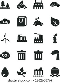 Solid Black Vector Icon Set - bin vector, dust, drop, bag with handles, apple stub, leaves, leaf, windmill, manufacture, hydroelectric station, hydroelectricity, forest, industrial building, factory