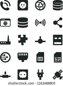 Solid Black Vector Icon Set - Puzzle vector, power socket type b, f, big data, phone call, electric plug, SIM card, connection, usb, router, network, browser, connect, lan connector, wireless