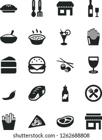 Solid Black Vector Icon Set - iron fork spoons vector, piece of pizza, big burger, cake, pie, a bowl rice porridge, in saucepan, bacon, French fries, fried potato slices, Chinese chopsticks, sushi
