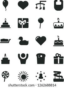 Solid Black Vector Icon Set - heart symbol vector, toys over the cradle, bib, rubber duck, balloon, birthday cake, gift, Easter, slice, torte, Chupa Chups, lollipop, giftbox, hands up man, sun