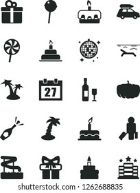 Solid Black Vector Icon Set - daily calendar vector, cake, birthday, gift, torte, Chupa Chups, lollipop, pumpkin, wine, champagne, car baggage, passenger, beach, palm tree, disco ball, aquapark