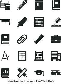 Solid Black Vector Icon Set - clip vector, briefcase, graphite pencil, yardstick, book, new abacus, buildings, writing accessories, drawing, calculation, scribed compasses, text highlighter, bus